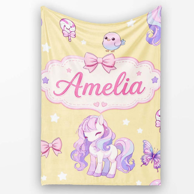 Cute Unicorn Pastel Stars Birds Bows Candy Yellow Seamless Pattern  Personalised Custom Name Super Soft Fleece Blanket Bed Sofa Throw