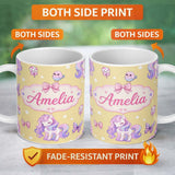Personalized Custom Name Cute Unicorn Pastel Stars Birds Bows Candy Yellow Seamless Pattern 11oz Ceramic Coffee Tea Mug White Large Handle