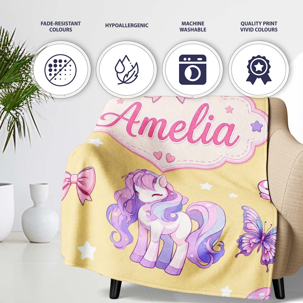 Cute Unicorn Pastel Stars Birds Bows Candy Yellow Seamless Pattern  Personalised Custom Name Super Soft Fleece Blanket Bed Sofa Throw
