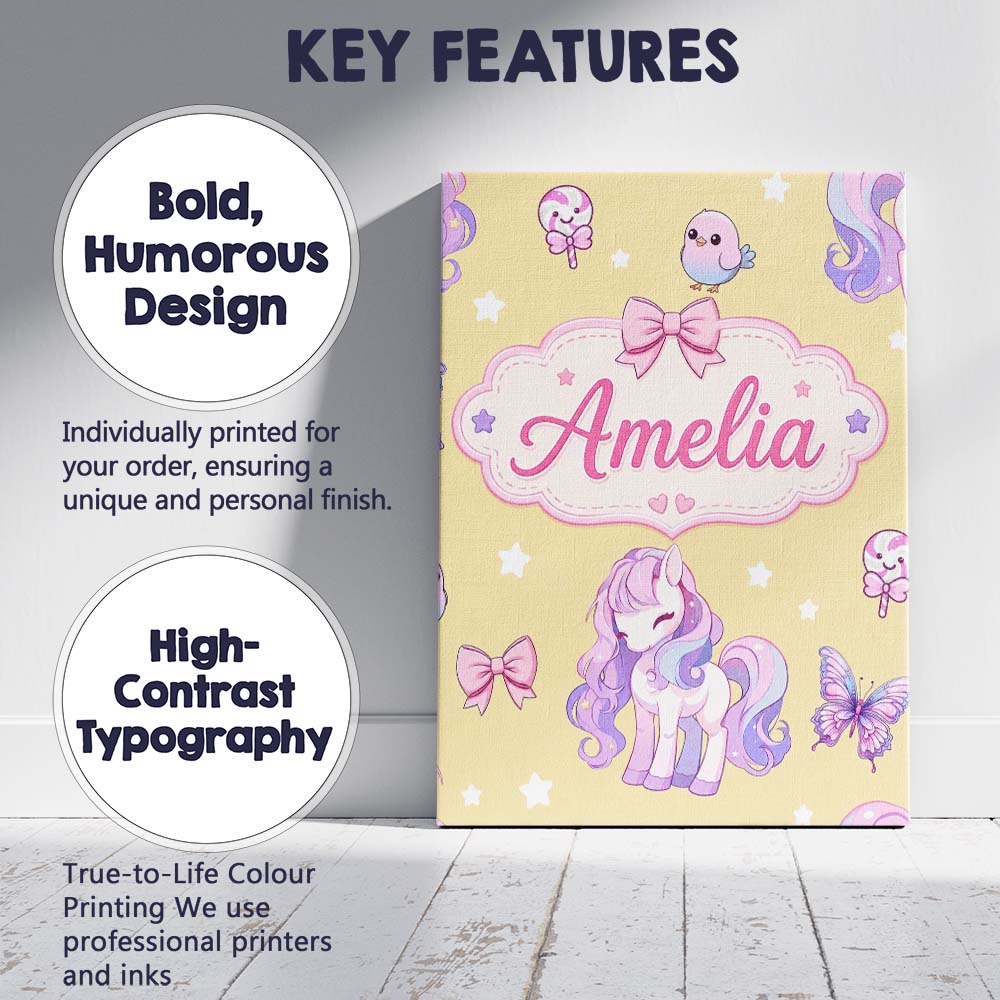 Personalised Name Cute Unicorn Pastel Stars Custom  Bespoke Interior Contemporary Canvas Wall Art Print Decor Picture Ready to Hang