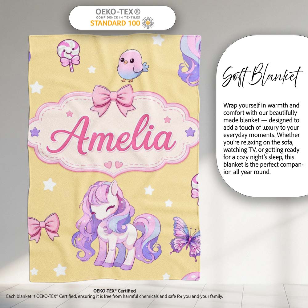 Cute Unicorn Pastel Stars Birds Bows Candy Yellow Seamless Pattern  Personalised Custom Name Super Soft Fleece Blanket Bed Sofa Throw