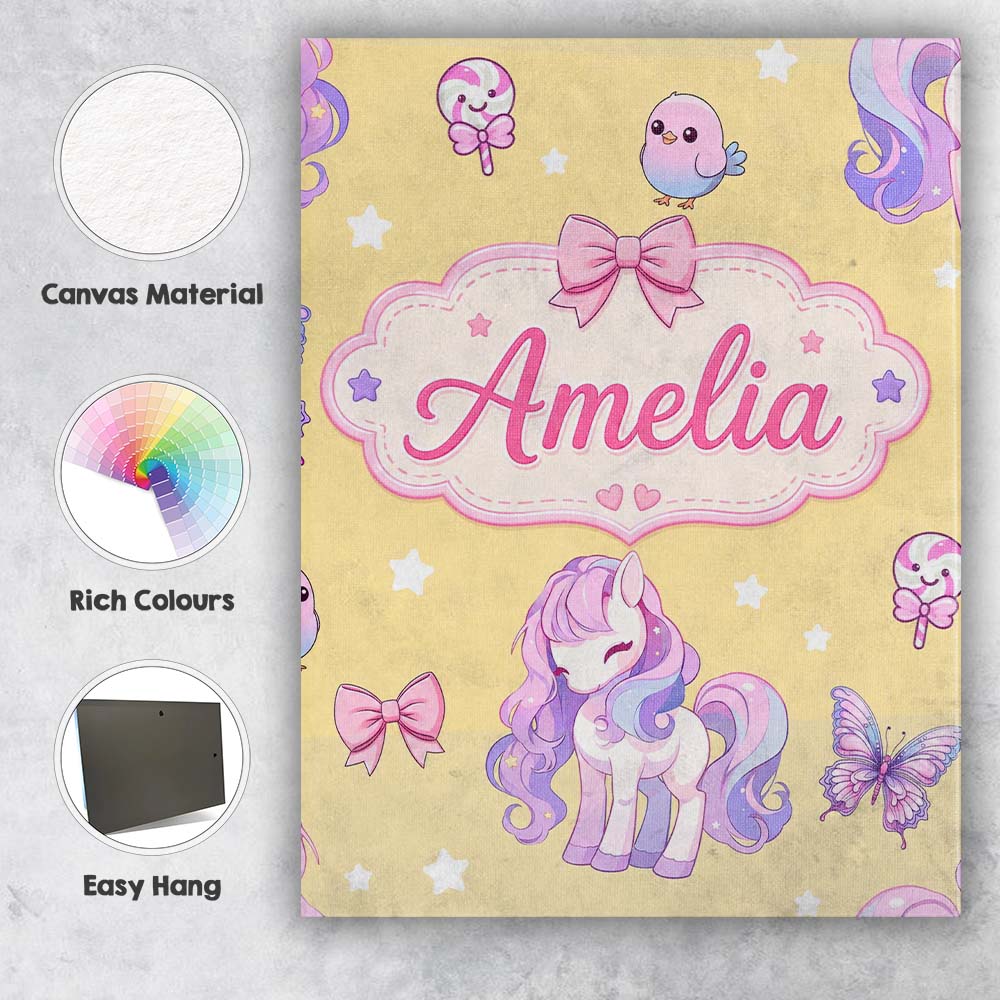 Personalised Name Cute Unicorn Pastel Stars Custom  Bespoke Interior Contemporary Canvas Wall Art Print Decor Picture Ready to Hang