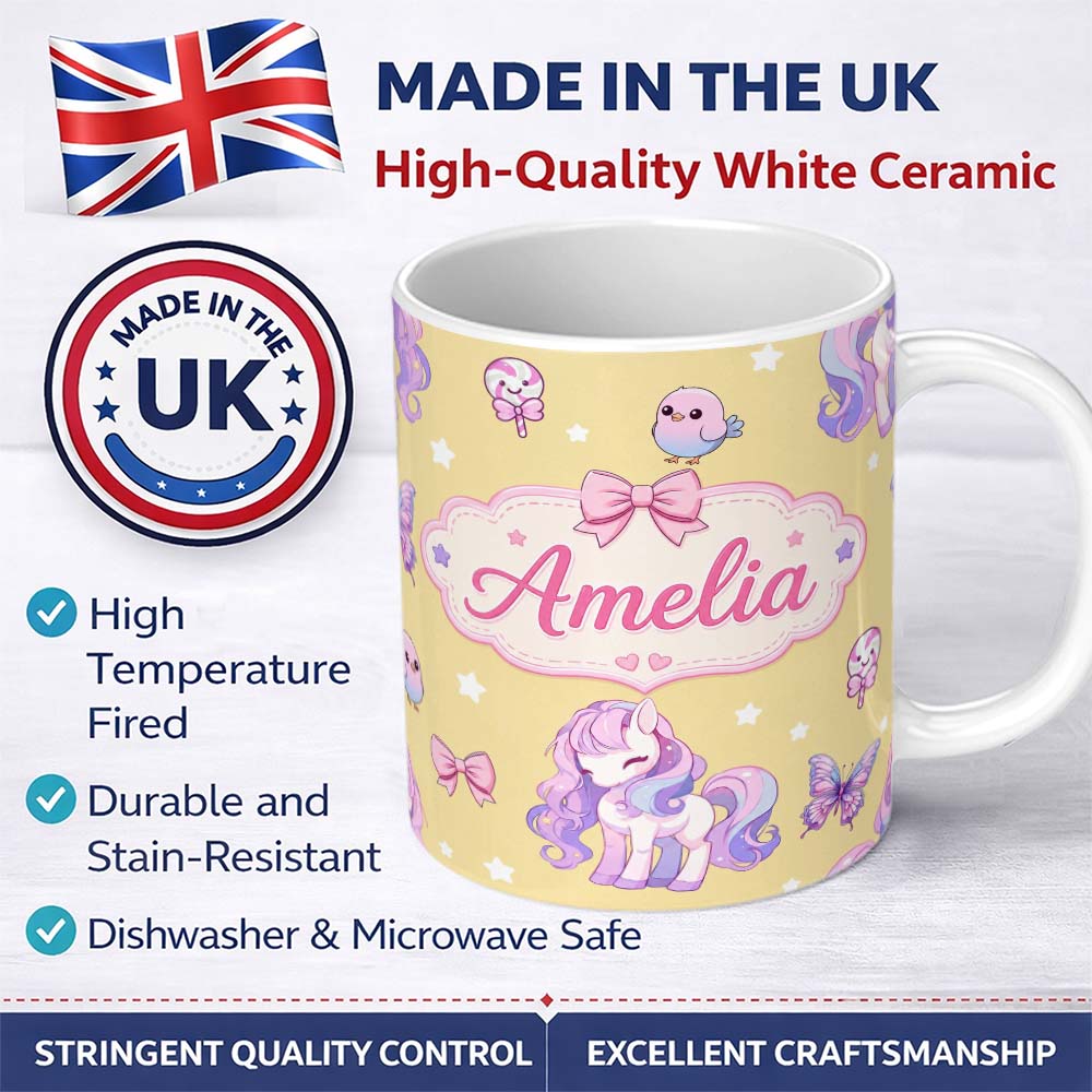 Personalized Custom Name Cute Unicorn Pastel Stars Birds Bows Candy Yellow Seamless Pattern 11oz Ceramic Coffee Tea Mug White Large Handle