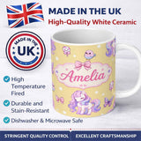 Personalized Custom Name Cute Unicorn Pastel Stars Birds Bows Candy Yellow Seamless Pattern 11oz Ceramic Coffee Tea Mug White Large Handle