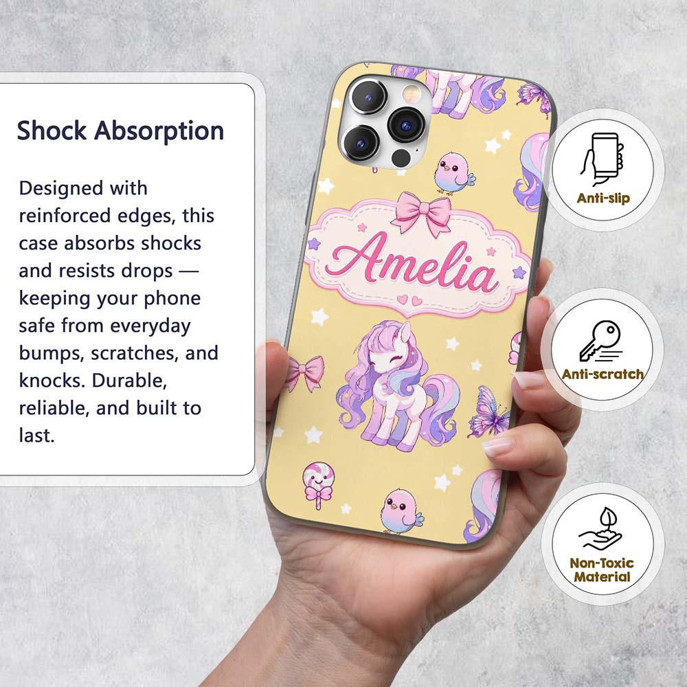 Cute Unicorn Pastel Stars Birds Bows Candy Yellow Custom Name Protective Phone Case Mobile Cover Durable Everyday Smartphone Shock Resistant