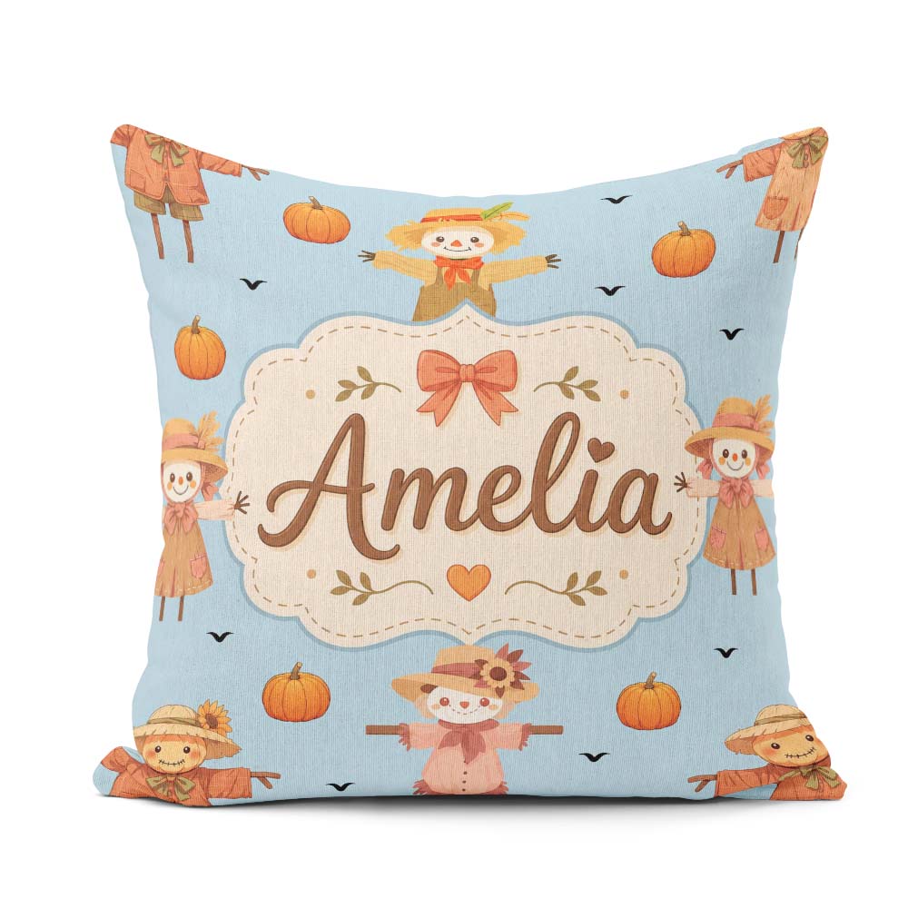Custom Name Autumn Scarecrow Pumpkins Blue Seamless Pattern Name Square Filled Cushion Throw Pillow Sofa Bed Home Decor Zip Washable UK Made