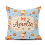 Custom Name Autumn Scarecrow Pumpkins Blue Seamless Pattern Name Square Filled Cushion Throw Pillow Sofa Bed Home Decor Zip Washable UK Made