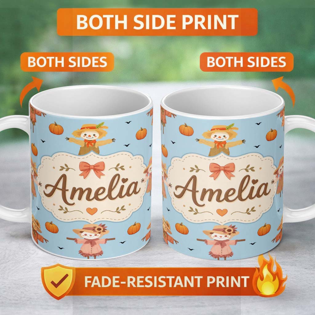 Personalized Custom Name Cute Autumn Scarecrow Pumpkins Birds Blue Seamless Pattern Name 11oz Ceramic Coffee Tea Mug White Large Handle