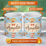 Personalized Custom Name Cute Autumn Scarecrow Pumpkins Birds Blue Seamless Pattern Name 11oz Ceramic Coffee Tea Mug White Large Handle
