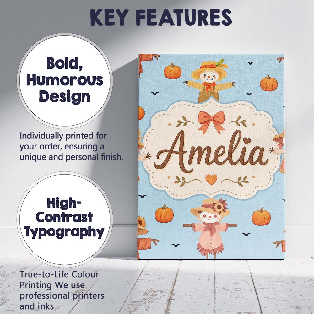 Personalised Name Cute Autumn Scarecrow Custom  Modern Room Accent Elegant Feature Canvas Wall Art Print Decor Picture Ready to Hang
