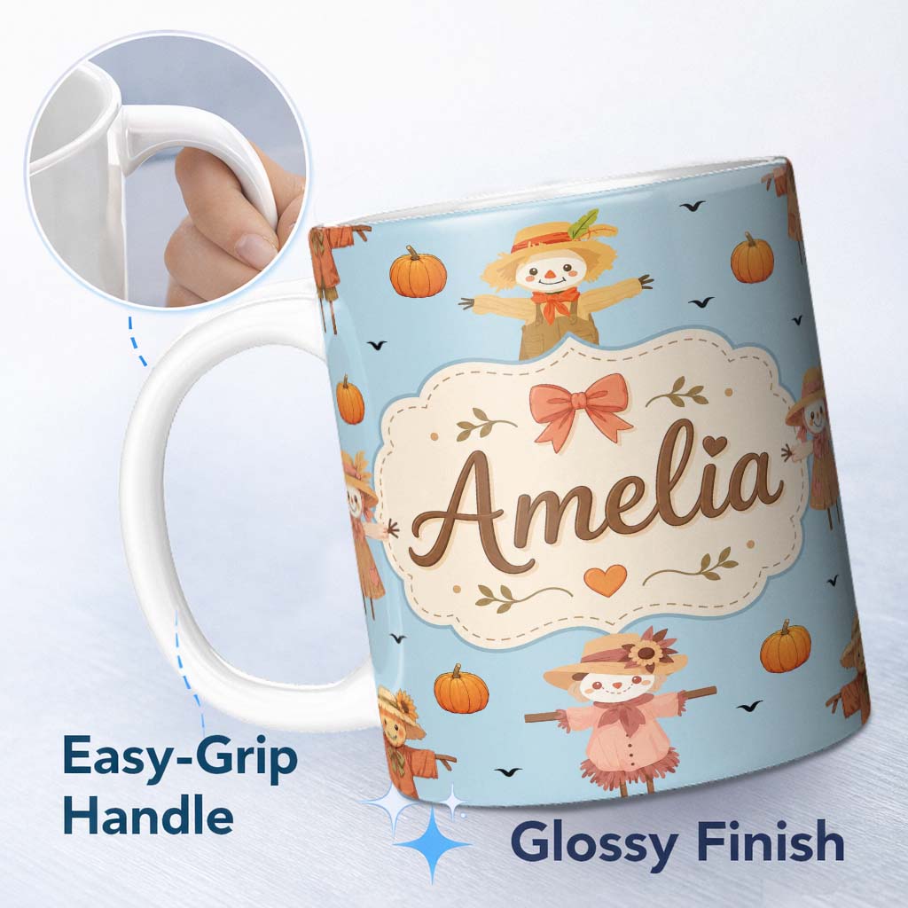 Personalized Custom Name Cute Autumn Scarecrow Pumpkins Birds Blue Seamless Pattern Name 11oz Ceramic Coffee Tea Mug White Large Handle