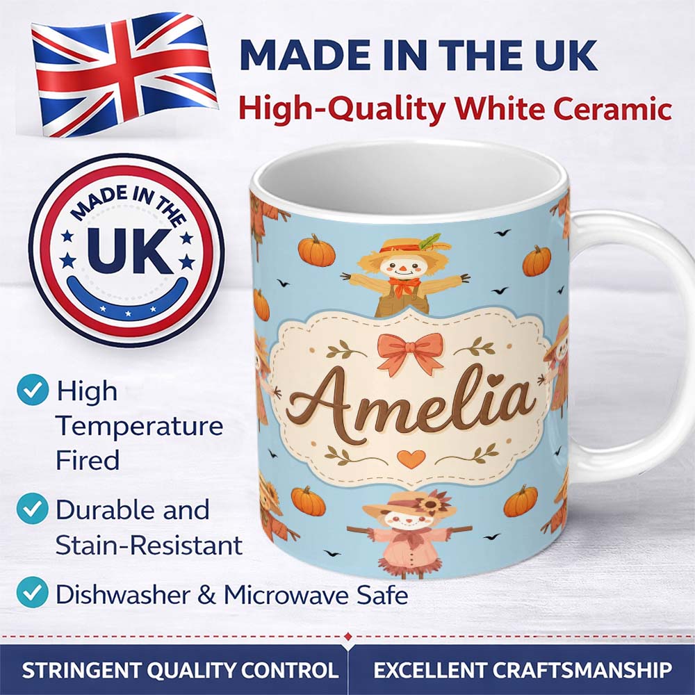 Personalized Custom Name Cute Autumn Scarecrow Pumpkins Birds Blue Seamless Pattern Name 11oz Ceramic Coffee Tea Mug White Large Handle