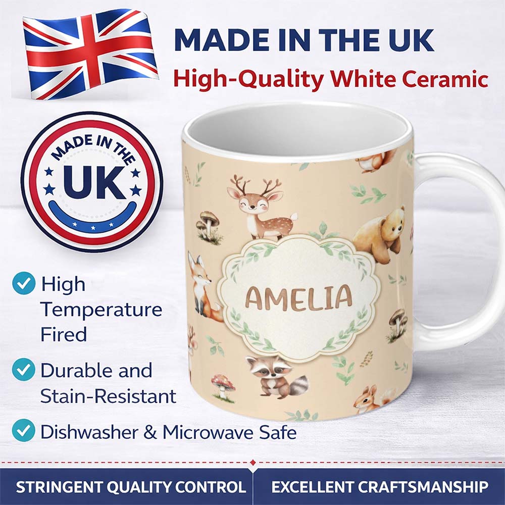 Personalized Custom Name Woodland Deer Bear Fox Owl Raccoon Leaves Mushrooms Beige Seamless 11oz Ceramic Coffee Tea Mug White Large Handle