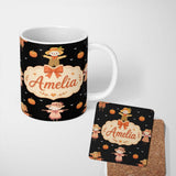 Personalized Custom Name Cute Autumn Scarecrow Pumpkins Birds Black Seamless Pattern Name 11oz Ceramic Coffee Tea Mug White Large Handle