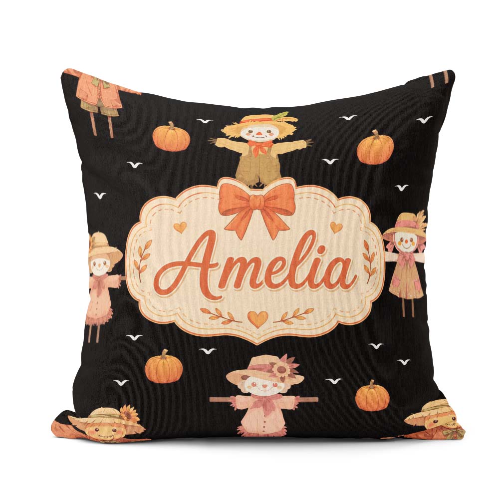 Custom Name Scarecrow Pumpkins Birds Black Seamless Pattern Name Square Filled Cushion Throw Pillow Sofa Bed Home Decor Zip Washable UK Made