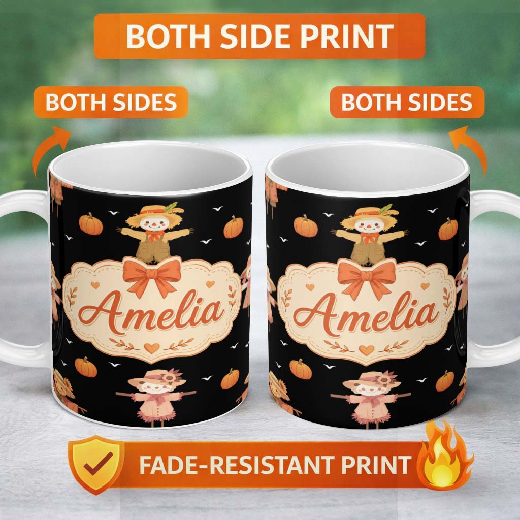 Personalized Custom Name Cute Autumn Scarecrow Pumpkins Birds Black Seamless Pattern Name 11oz Ceramic Coffee Tea Mug White Large Handle