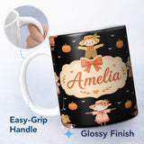 Personalized Custom Name Cute Autumn Scarecrow Pumpkins Birds Black Seamless Pattern Name 11oz Ceramic Coffee Tea Mug White Large Handle