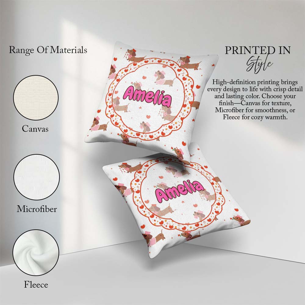 Custom Name Cute Dachshund Valentine Hearts Seamless Pattern Square Filled Cushion Throw Pillow Sofa Bed Home Decor Zip Washable UK Made