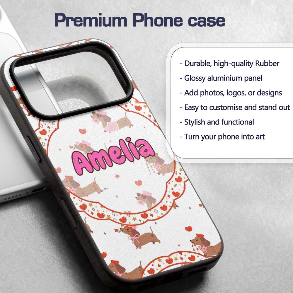 Cute Dachshund Valentine Hearts Love Seamless Custom Name Protective Phone Case Mobile Cover Durable Everyday Smartphone Shock Resistant