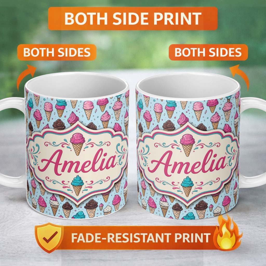 Personalized Custom Name Soft Pastel Ice Cream Cone Repeat on Neutral Background Minimal 11oz Ceramic Coffee Tea Mug White Large Handle