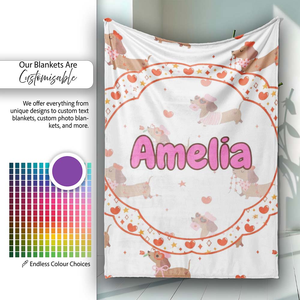 Cute Dachshund Valentine Hearts Love Seamless Pattern Lovely  Personalised Custom Name Super Soft Fleece Blanket Bed Sofa Throw