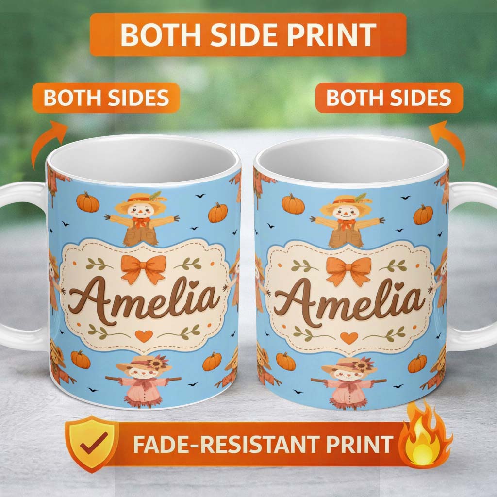 Personalized Custom Name Cute Autumn Scarecrow Pumpkins Birds Sky Seamless Pattern Name 11oz Ceramic Coffee Tea Mug White Large Handle