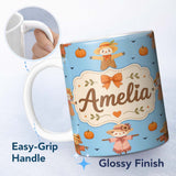 Personalized Custom Name Cute Autumn Scarecrow Pumpkins Birds Sky Seamless Pattern Name 11oz Ceramic Coffee Tea Mug White Large Handle