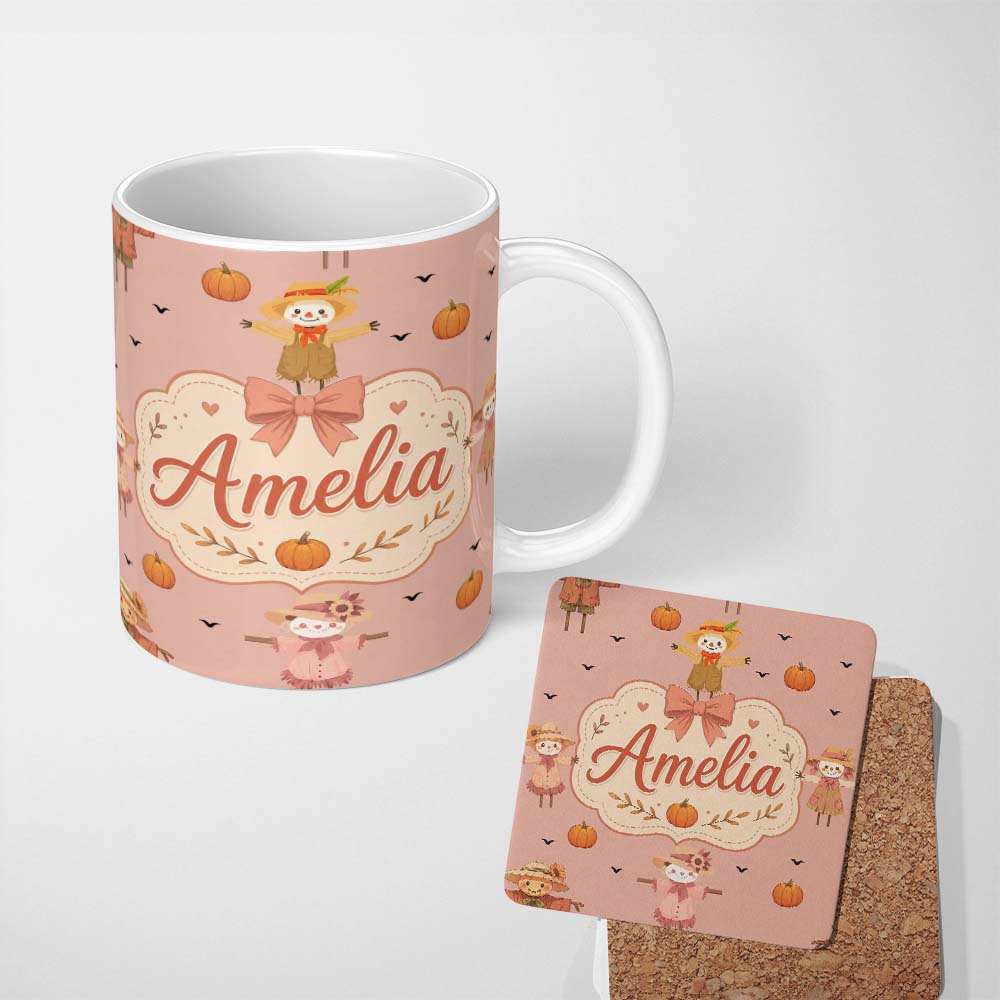 Personalized Custom Name Cute Autumn Scarecrow Pumpkins Birds Peach Seamless Pattern Name 11oz Ceramic Coffee Tea Mug White Large Handle