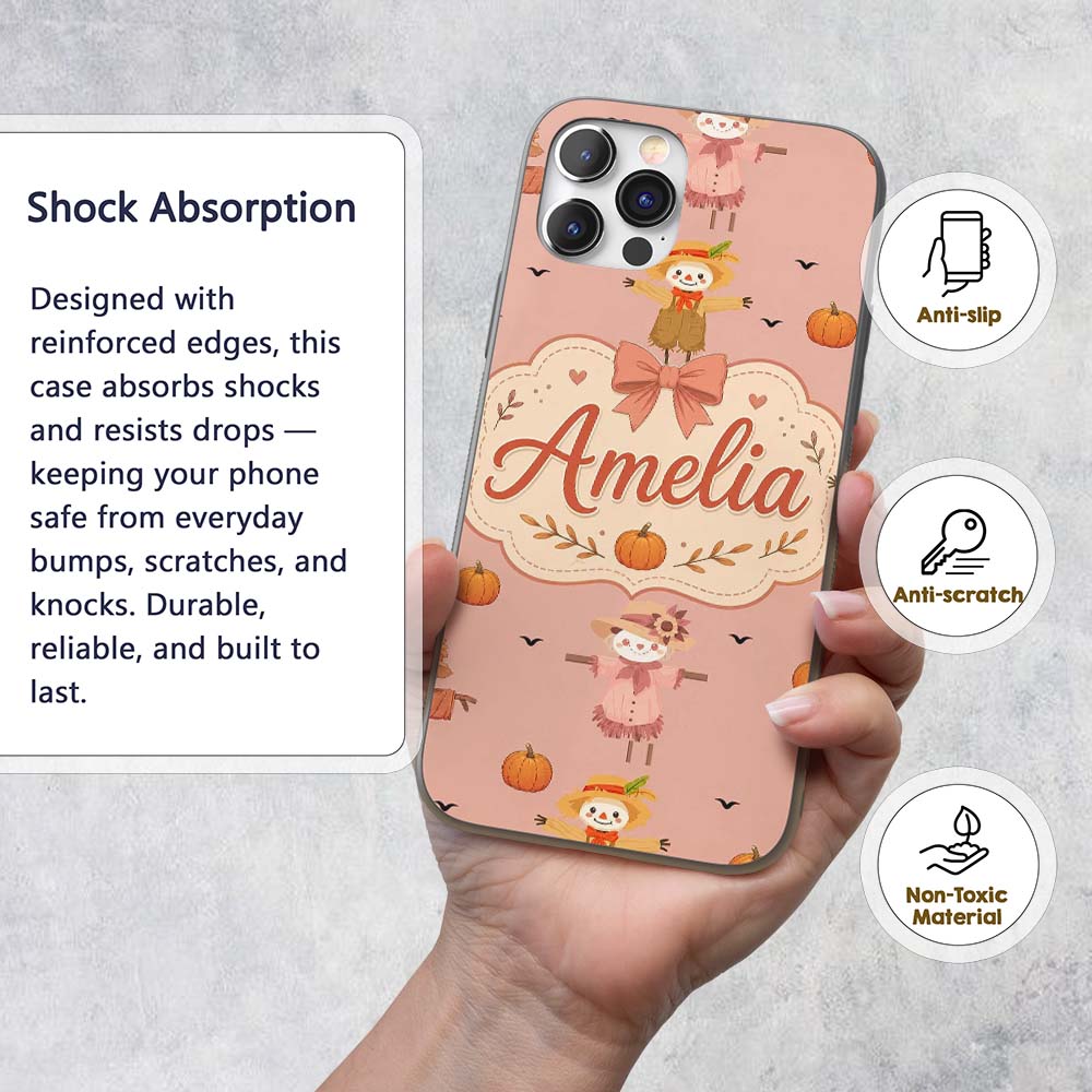 Cute Autumn Scarecrow Pumpkins Printed Design Custom Name Protective Phone Case Mobile Cover Durable Everyday Smartphone Shock Resistant