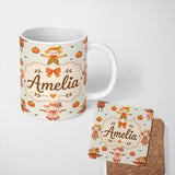Personalized Custom Name Cute Autumn Scarecrow Pumpkins Birds Cream Seamless Pattern Name 11oz Ceramic Coffee Tea Mug White Large Handle