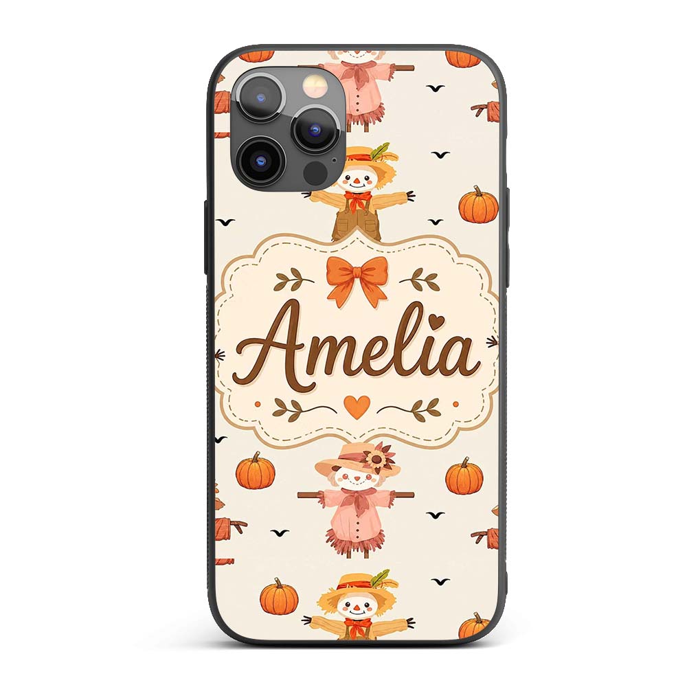 Cute Autumn Scarecrow Pumpkins Printed Design Custom Name Protective Phone Case Mobile Cover Durable Everyday Smartphone Shock Resistant