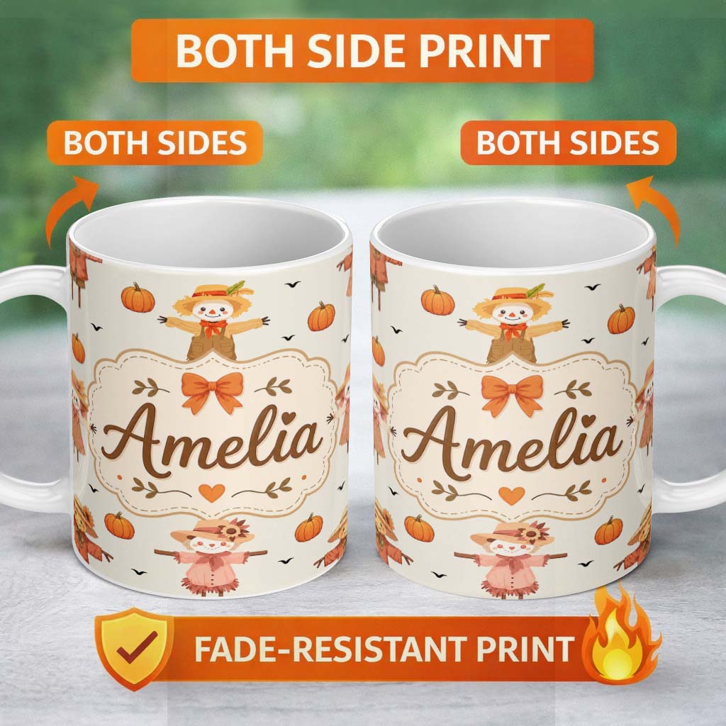 Personalized Custom Name Cute Autumn Scarecrow Pumpkins Birds Cream Seamless Pattern Name 11oz Ceramic Coffee Tea Mug White Large Handle