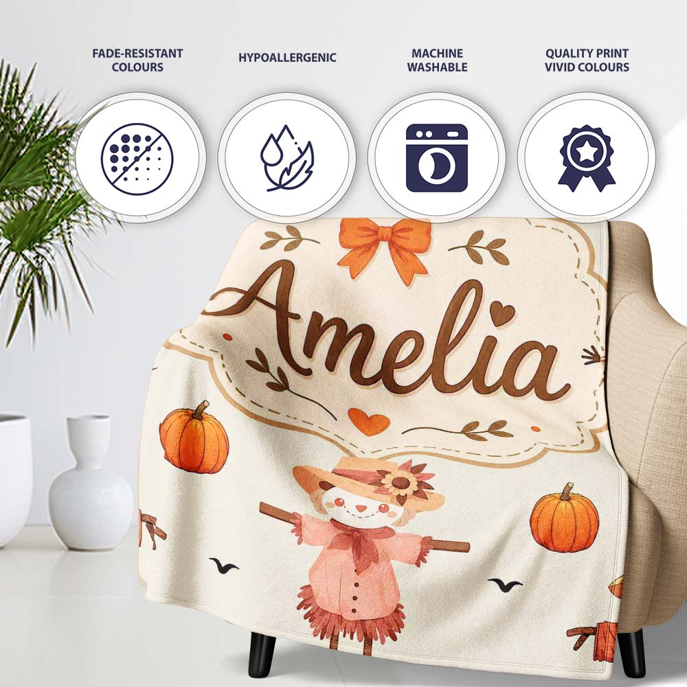 Cute Autumn Scarecrow Pumpkins Birds Cream Seamless Pattern Name  Personalised Custom Name Super Soft Fleece Blanket Bed Sofa Throw