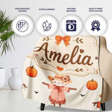 Cute Autumn Scarecrow Pumpkins Birds Cream Seamless Pattern Name  Personalised Custom Name Super Soft Fleece Blanket Bed Sofa Throw