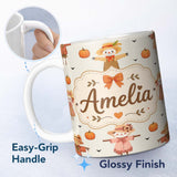 Personalized Custom Name Cute Autumn Scarecrow Pumpkins Birds Cream Seamless Pattern Name 11oz Ceramic Coffee Tea Mug White Large Handle