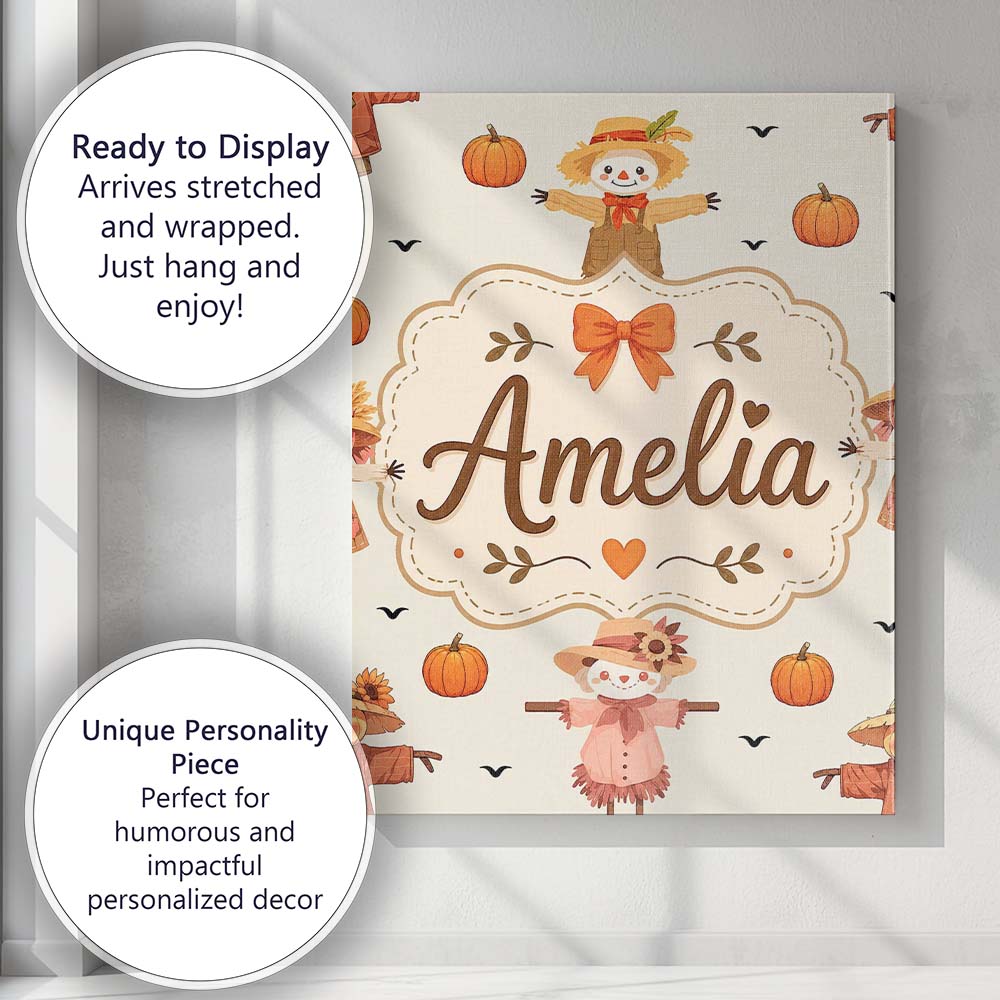 Personalised Name Cute Autumn Scarecrow Custom  Modern Room Accent Elegant Feature Canvas Wall Art Print Decor Picture Ready to Hang
