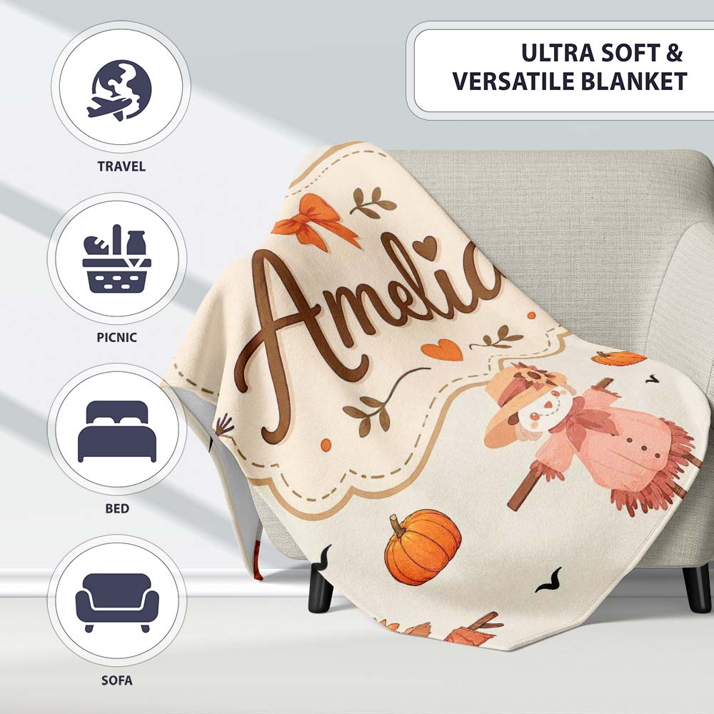 Cute Autumn Scarecrow Pumpkins Birds Cream Seamless Pattern Name  Personalised Custom Name Super Soft Fleece Blanket Bed Sofa Throw