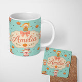 Personalized Custom Name Cute Autumn Scarecrow Pumpkins Flying Birds Teal Seamless Pattern 11oz Ceramic Coffee Tea Mug White Large Handle