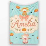 Cute Autumn Scarecrow Pumpkins Flying Birds Teal Seamless Pattern  Personalised Custom Name Super Soft Fleece Blanket Bed Sofa Throw