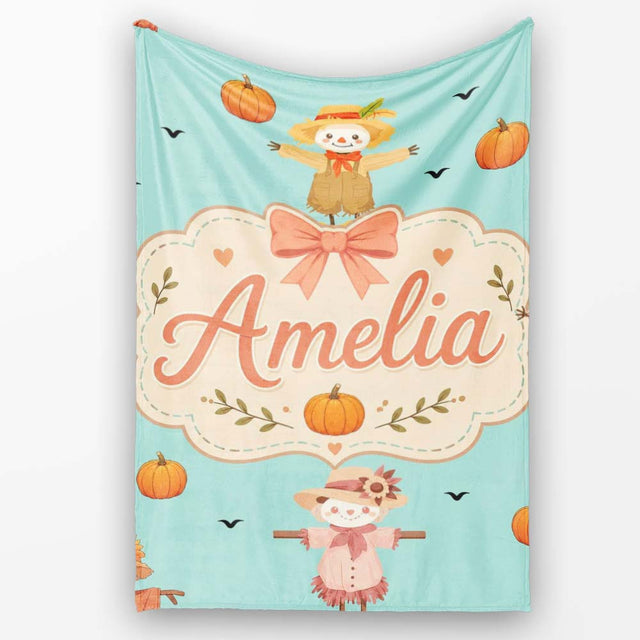 Cute Autumn Scarecrow Pumpkins Flying Birds Teal Seamless Pattern  Personalised Custom Name Super Soft Fleece Blanket Bed Sofa Throw