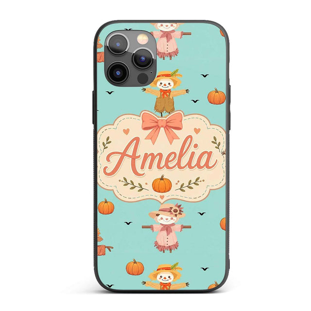 Cute Autumn Scarecrow Pumpkins Flying Birds Teal Custom Name Protective Phone Case Mobile Cover Durable Everyday Smartphone Shock Resistant
