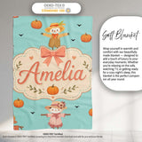 Cute Autumn Scarecrow Pumpkins Flying Birds Teal Seamless Pattern  Personalised Custom Name Super Soft Fleece Blanket Bed Sofa Throw