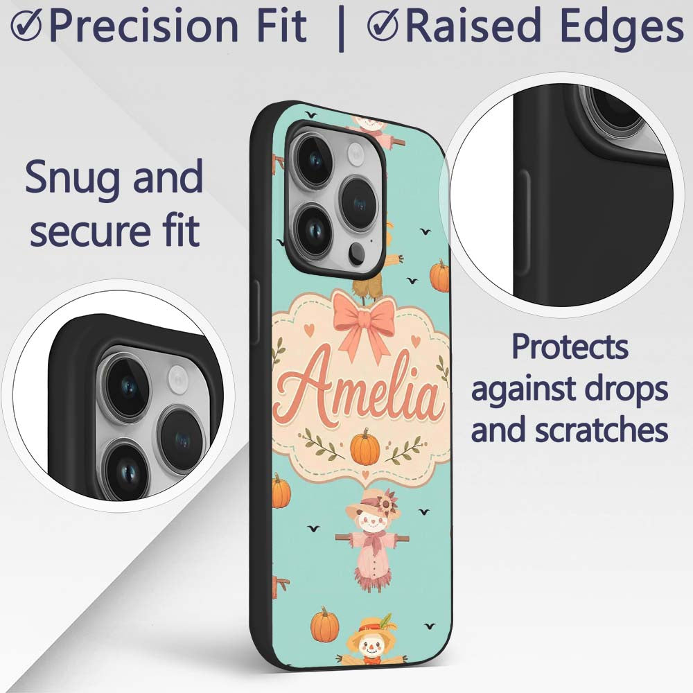 Cute Autumn Scarecrow Pumpkins Flying Birds Teal Custom Name Protective Phone Case Mobile Cover Durable Everyday Smartphone Shock Resistant