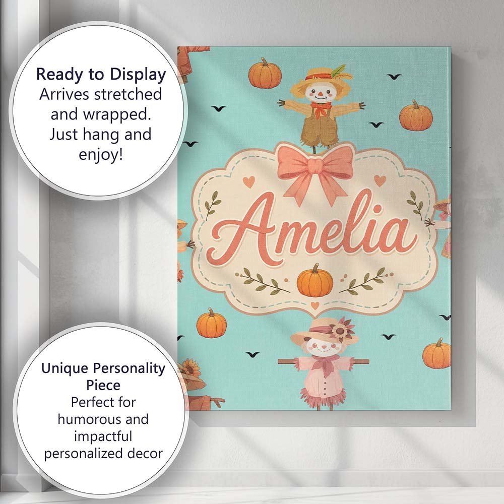 Personalised Name Cute Autumn Scarecrow Custom  Modern Room Accent Elegant Feature Canvas Wall Art Print Decor Picture Ready to Hang