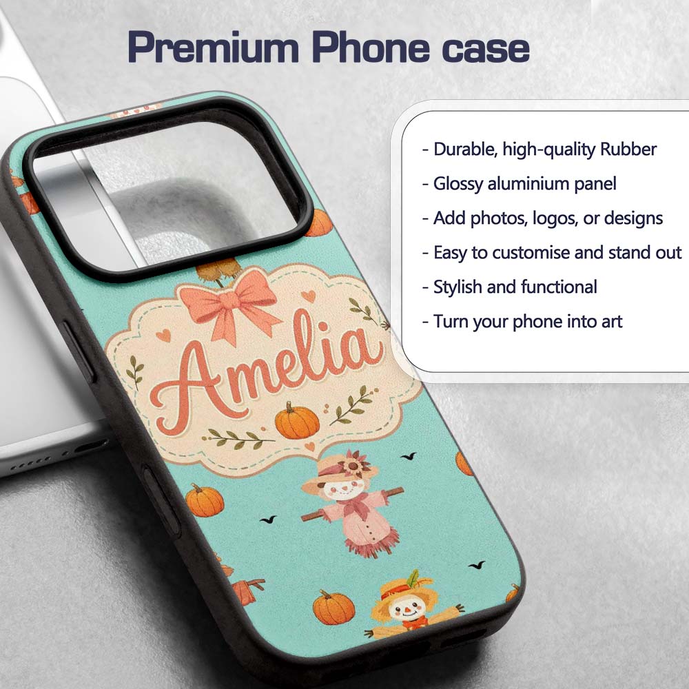 Cute Autumn Scarecrow Pumpkins Flying Birds Teal Custom Name Protective Phone Case Mobile Cover Durable Everyday Smartphone Shock Resistant