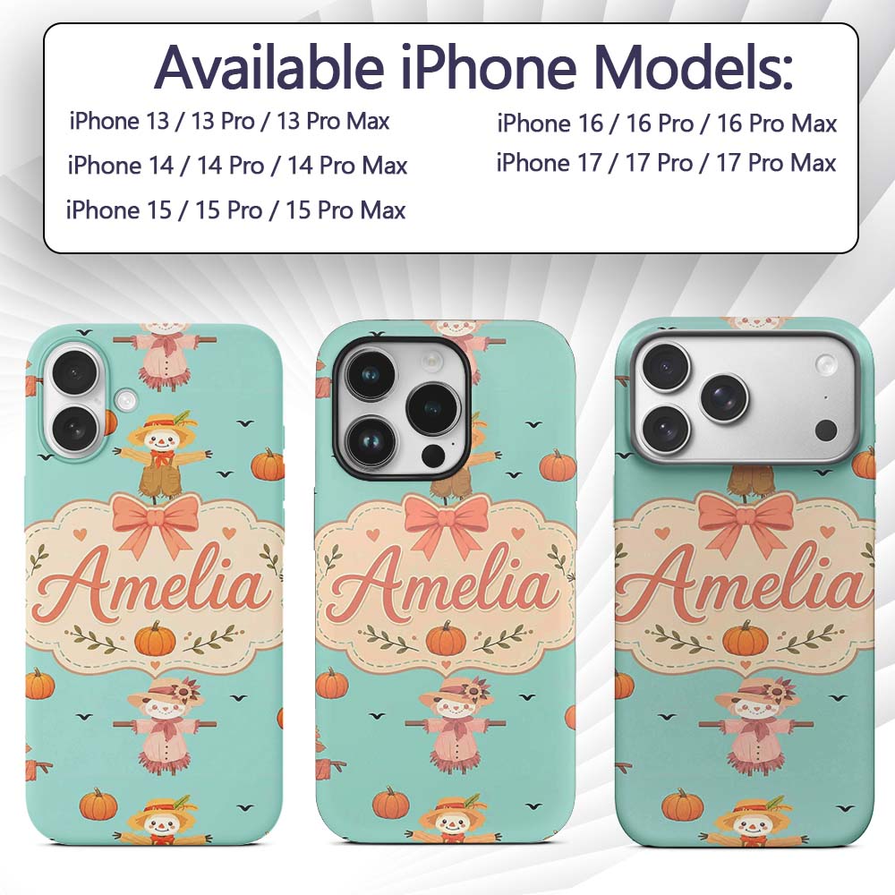 Cute Autumn Scarecrow Pumpkins Flying Birds Teal Custom Name Protective Phone Case Mobile Cover Durable Everyday Smartphone Shock Resistant
