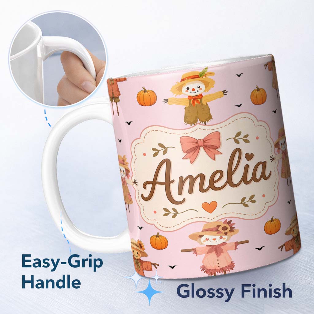Personalized Custom Name Cute Autumn Scarecrow Pumpkins Flying Birds Blush Seamless Pattern 11oz Ceramic Coffee Tea Mug White Large Handle