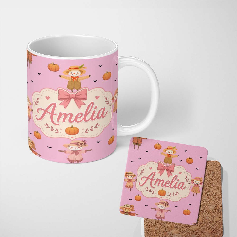 Personalized Custom Name Cute Autumn Scarecrow Pumpkins Flying Birds Pink Seamless Pattern 11oz Ceramic Coffee Tea Mug White Large Handle