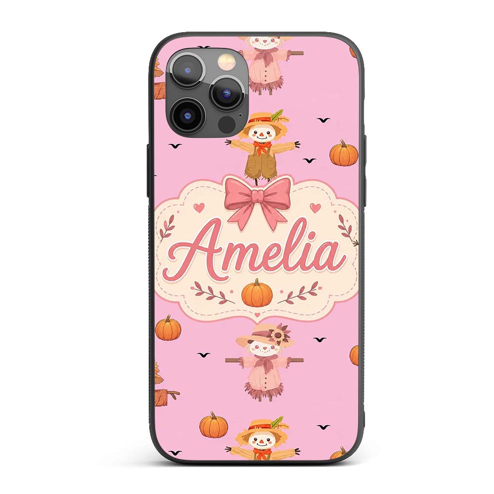 Cute Autumn Scarecrow Pumpkins Flying Birds Pink Custom Name Protective Phone Case Mobile Cover Durable Everyday Smartphone Shock Resistant
