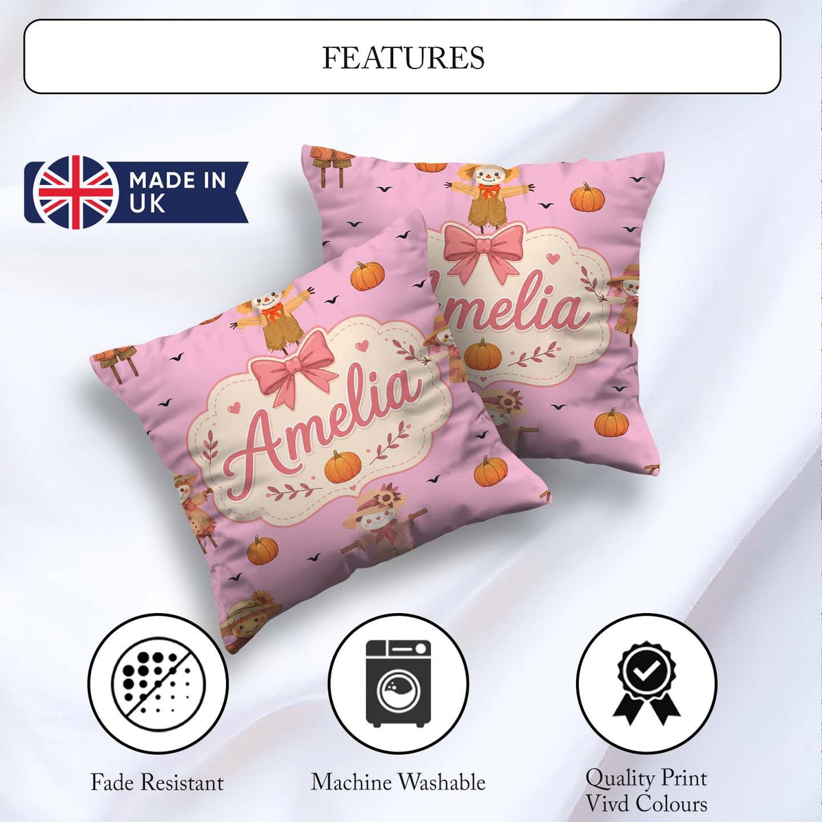 Custom Name Autumn Scarecrow Pumpkins Flying Birds Pink Seamless Square Filled Cushion Throw Pillow Sofa Bed Home Decor Zip Washable UK Made